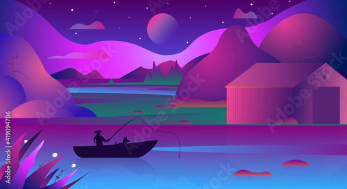 Asian background of landscape with night lake, rice fields and moon. Asian conical rice hat fisherman and dog in the boat. Modern gradient vector illustration of fisherman on the lake in asian region