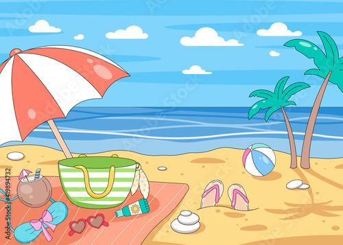 Beach Holiday Background. Summer Time illustration. Summer Vacation Lounger On Seaside. Beach Umbrella, Palms, Sea and Flip-flops. Beach Season With Sea Views. Sunny Seascape on the beach. 