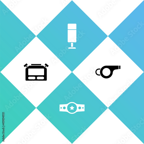 Set Stopwatch, Boxing belt, Punching bag and Whistle icon. Vector
