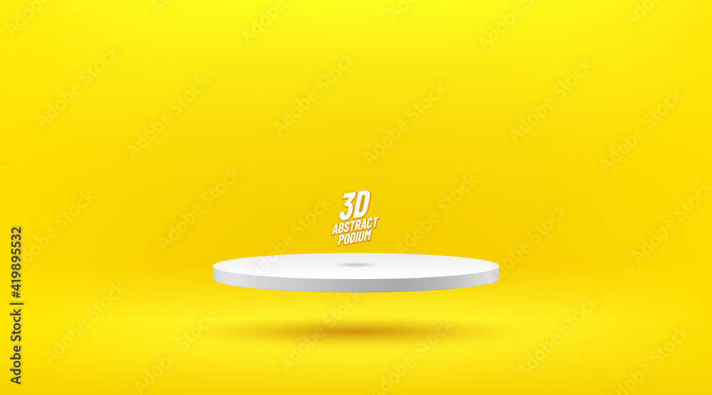 Abstract vector rendering 3d shape for advertising products display presentation. Modern floating white cylinder pedestal podium with yellow empty room. Minimal wall scene, Studio room. - obrazy, fototapety, plakaty 