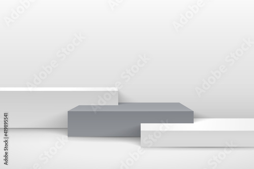 Abstract vector rendering 3d shape for advertising cosmetic product display presentation. Modern white and grey cube pedestal podium with empty room. Vector illustration