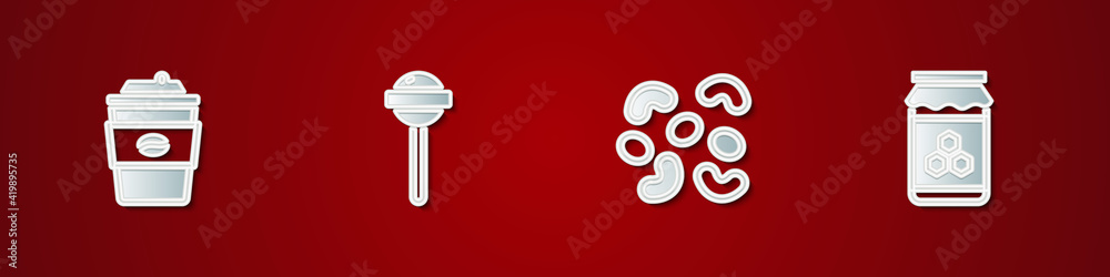 Set Coffee cup to go, Lollipop, Jelly candy and Jar honey icon. Vector Set Coffee cup to go, Lollipop, Jelly candy and Jar honey icon. Vector