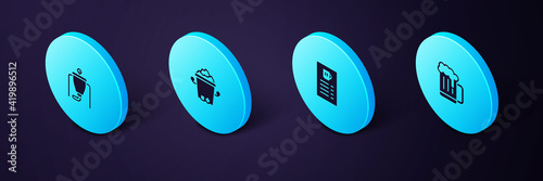 Set Isometric Wooden beer mug, Beer menu, Ice bucket and brewing process icon. Vector