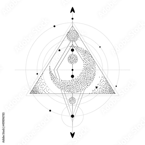 Vector illustration set of moon phases. Different stages of moonlight activity in vintage engraving style. branches of plants and flowers. sacred isoteric geometry