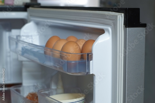 Open the refrigerator door with chicken Egg.