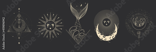 Vector illustration set of moon phases. Different stages of moonlight activity in vintage engraving style. branches of plants and flowers. sacred isoteric geometry photo