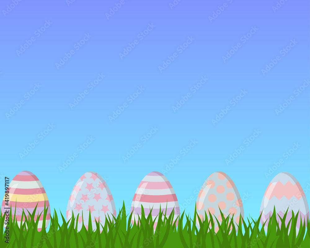 Easter eggs on green grass, happy easter