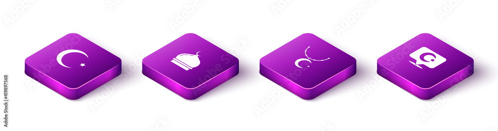 Set Isometric Star and crescent, Muslim Mosque, on chain and icon. Vector Set Isometric Star and crescent, Muslim Mosque, on chain and icon. Vector