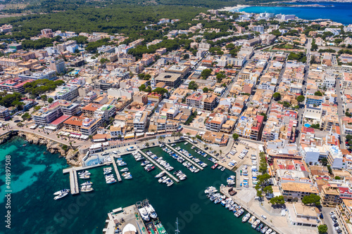 Aerial view, bay of Cala Ratjada, harbor and boats, Cala Gat, Mallorca, Balearic Islands, Spain