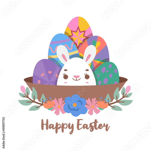 Painted easter eggs in a basket with a cute bunny in the middle