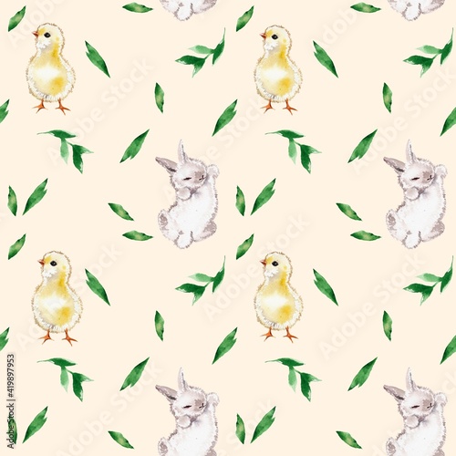 watercolor illustration.  seamless pattern, rabbit  with a tail and yellow chicken with green leaves, Easter, children's print, textiles, clothes, wrapping paper © Lilia