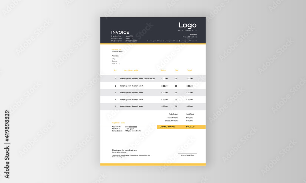 Invoice Layout Design with Dark Gray Header