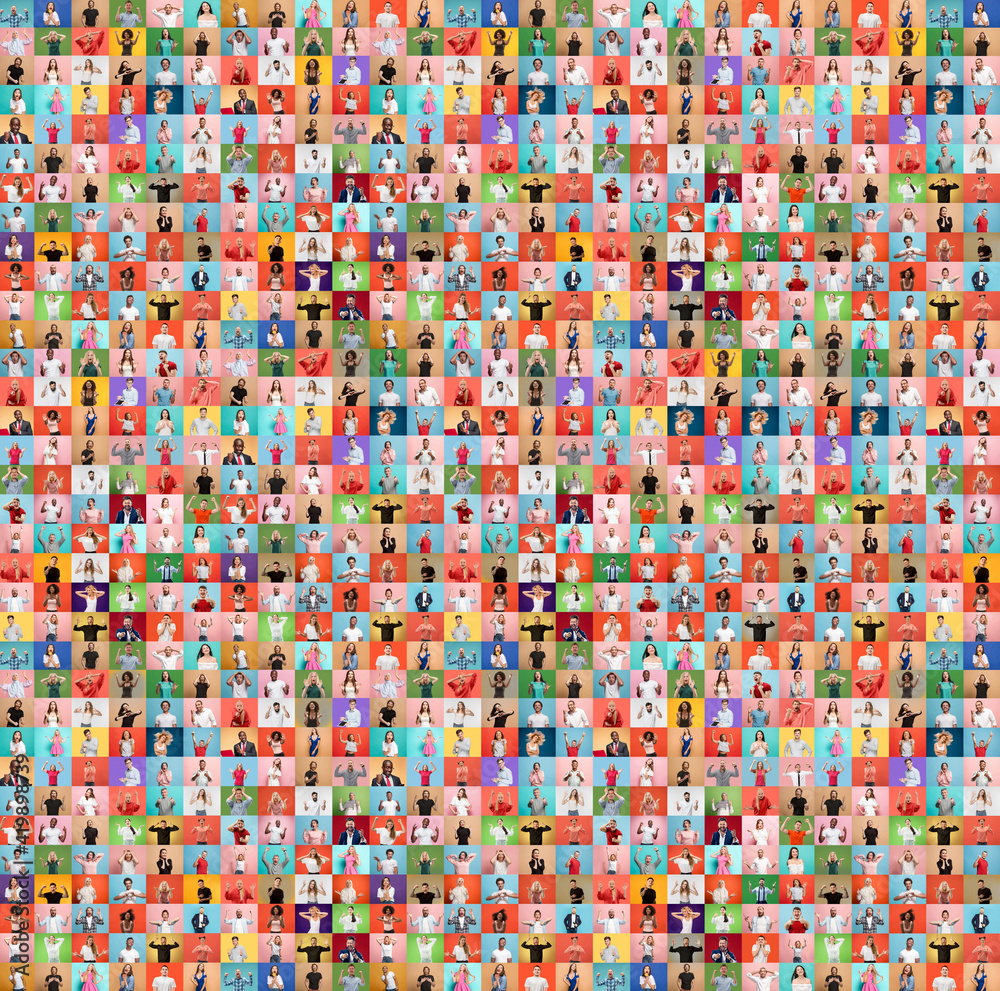 Collage of faces of surprised people on multicolored backgrounds. Happy men and women smiling. Human emotions, facial expression concept. Different human facial expressions, emotions, feelings. Collage of faces of surprised people on multicolored backgrounds. Happy men and women smiling. Human emotions, facial expression concept. Different human facial expressions, emotions, feelings.