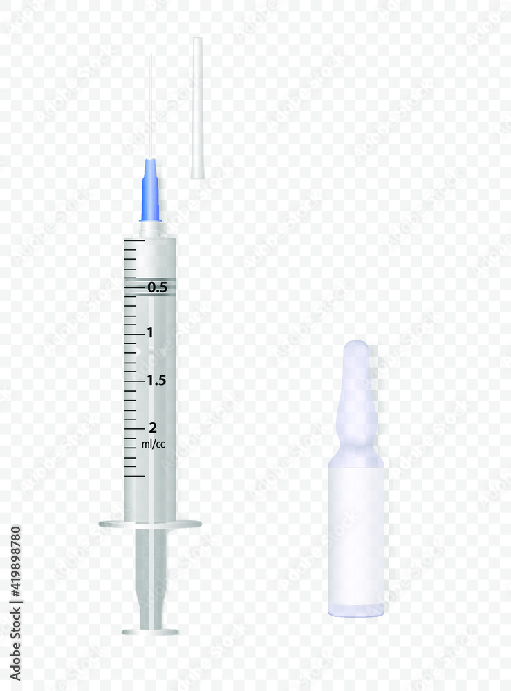 Syringe and ampoule with injection vaccine, coronovirus medicine or botox. Mock up for your design. View from above. Realistic 3d vector illustration.
Syringe and ampoule with injection vaccine, coronovirus medicine or botox. Mock up for your design. View from above. Realistic 3d vector illustration.