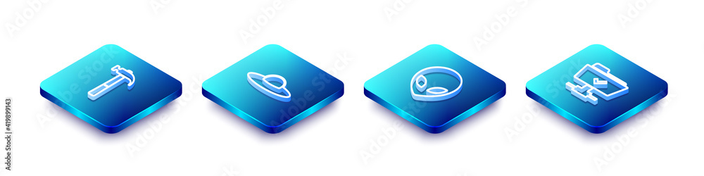 Set Isometric line Hammer, UFO flying spaceship, Alien and FTP operation successful icon. Vector Set Isometric line Hammer, UFO flying spaceship, Alien and FTP operation successful icon. Vector