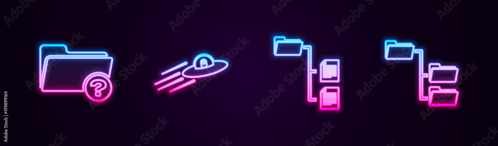 Set line Unknown directory, UFO flying spaceship and alien, Folder tree and . Glowing neon icon. Vector Set line Unknown directory, UFO flying spaceship and alien, Folder tree and . Glowing neon icon. Vector