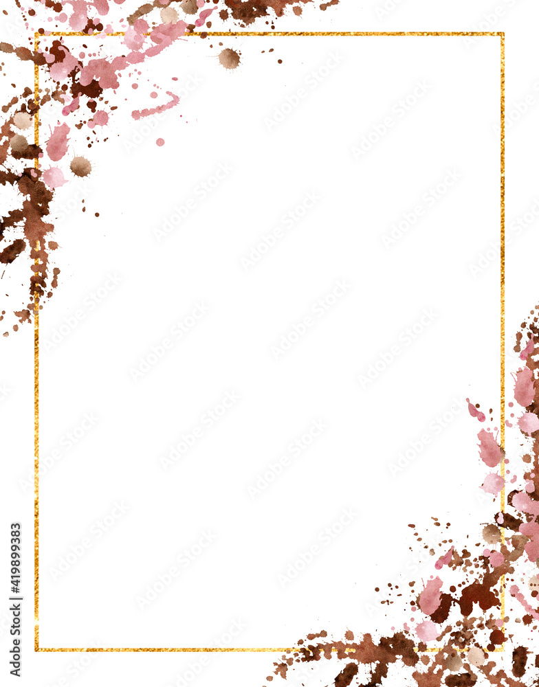 Watercolor hand drawn pink and brown splashes with golden rectangle on white frame design Watercolor hand drawn pink and brown splashes with golden rectangle on white frame design