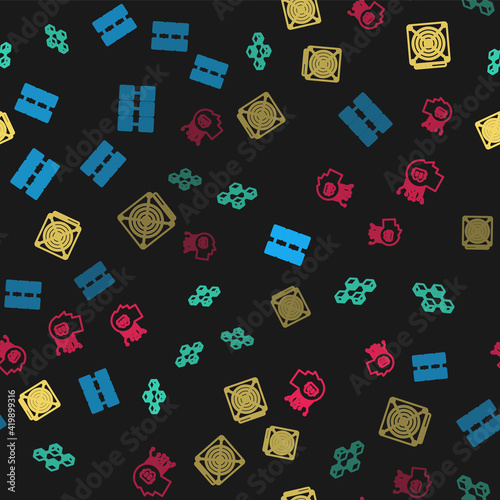 Set line Mining farm, Blockchain technology, ASIC Miner and Bitcoin think on seamless pattern. Vector