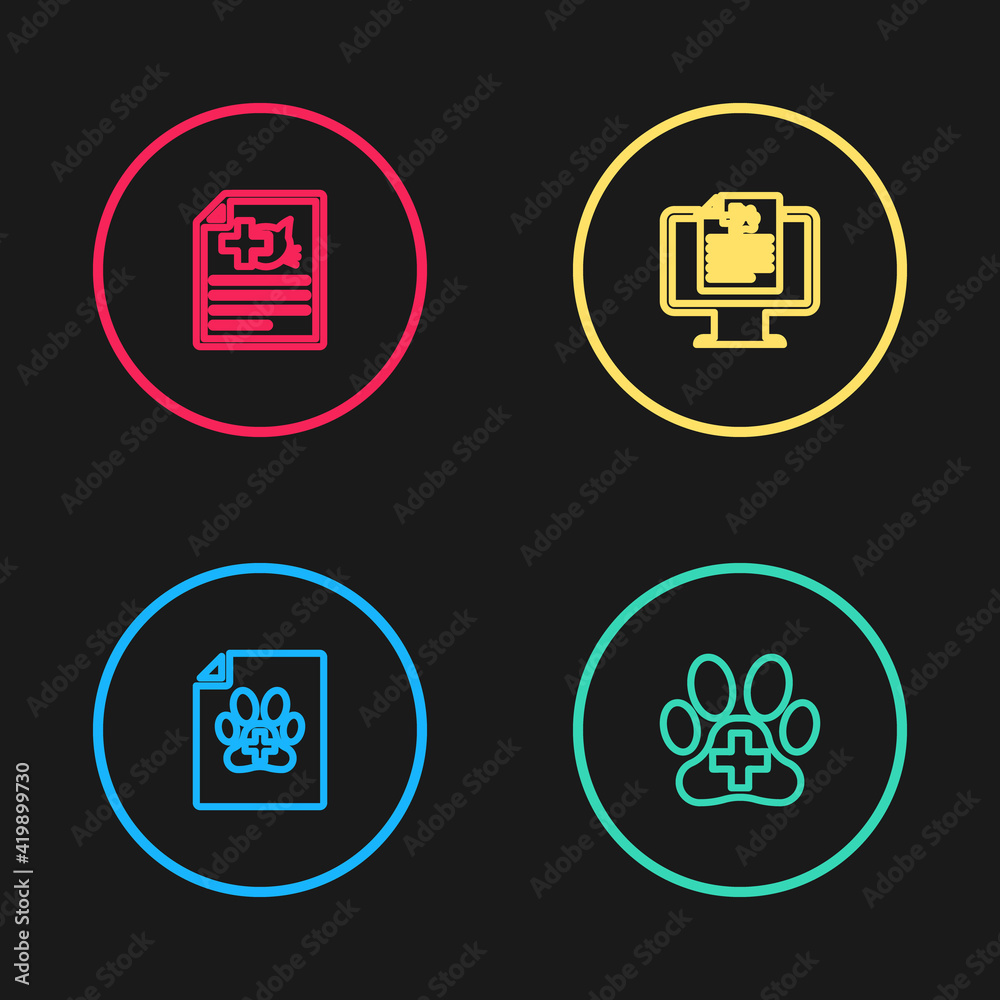 Set line Medical certificate for dog or cat, Veterinary clinic, Clinical record pet on monitor and icon. Vector Set line Medical certificate for dog or cat, Veterinary clinic, Clinical record pet on monitor and icon. Vector