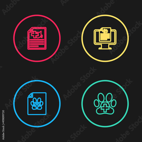 Set line Medical certificate for dog or cat, Veterinary clinic, Clinical record pet on monitor and icon. Vector