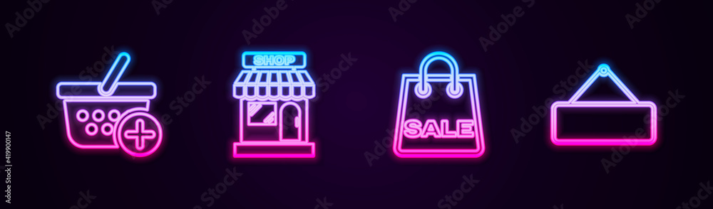 Set line Add to Shopping basket, Market store, bag with Sale and Signboard hanging. Glowing neon icon. Vector