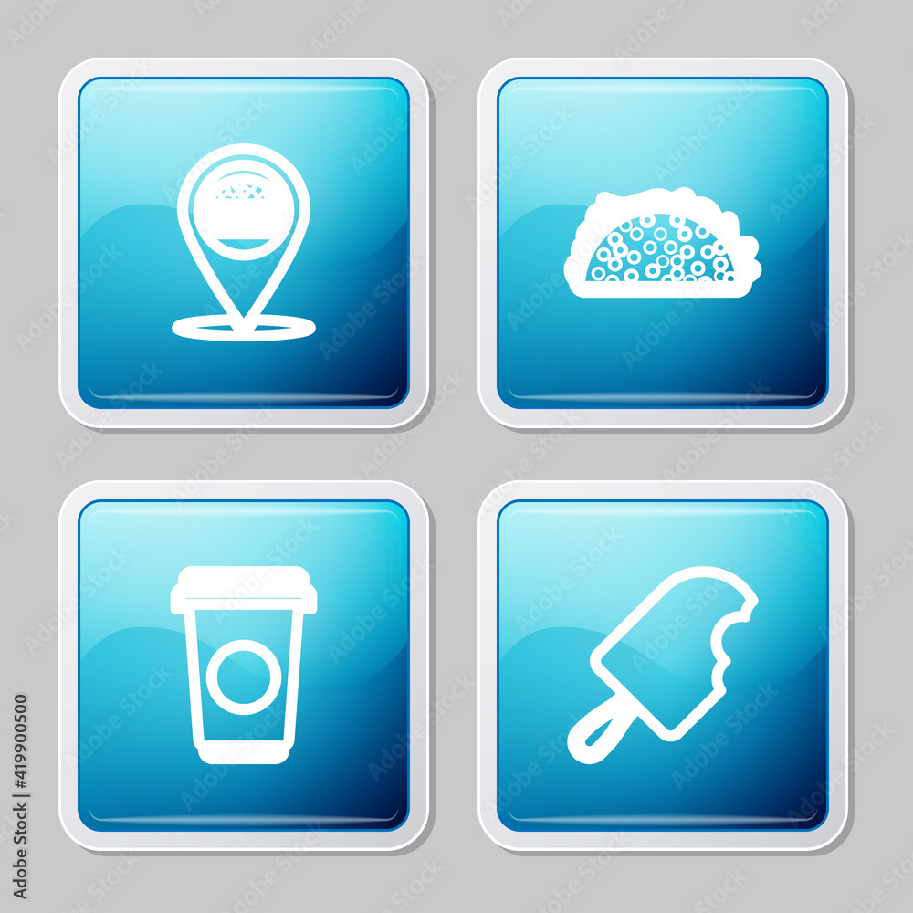 Set line Location with burger, Taco tortilla, Coffee cup and Ice cream icon. Vector Set line Location with burger, Taco tortilla, Coffee cup and Ice cream icon. Vector