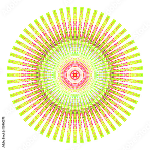 Creative multicolored points round symbol. Abstract symmetrical logo. Mosaic colorful beautiful beads. Circle dots modern pixel floral art icon. Colored pattern ornament wheel decorative illustration.