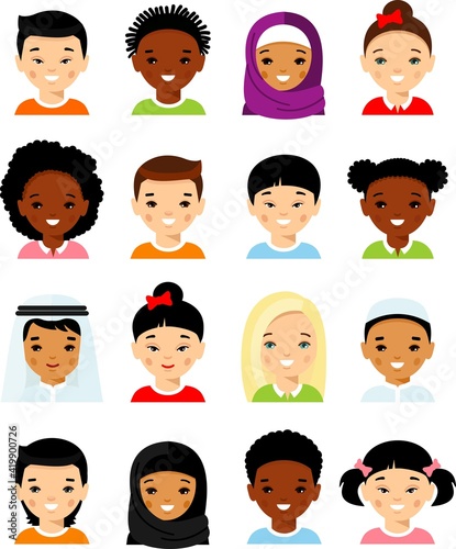 Set of different avatar arab, african american, european, asian children faces in colorful flat style.Collection of various avatars of international kids. Vector illustration of cartoon people face. 
