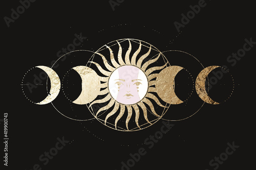 chic golden luxurious retro vintage engraving style. image of the sun and moon phases. culture of accultism. Vector graphics