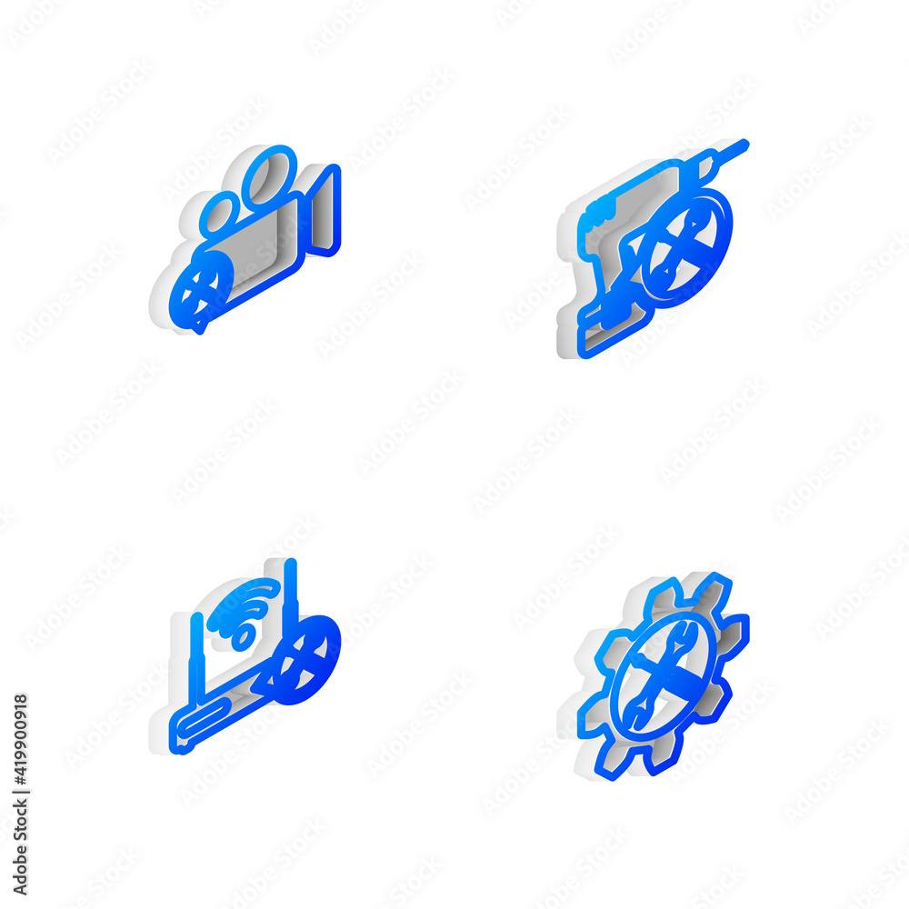 Set Isometric line Drill machine service, Video camera, Router wi-fi with and Wrench and screwdriver gear icon. Vector Set Isometric line Drill machine service, Video camera, Router wi-fi with and Wrench and screwdriver gear icon. Vector