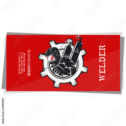 Masked welder with welding machine in hand business card