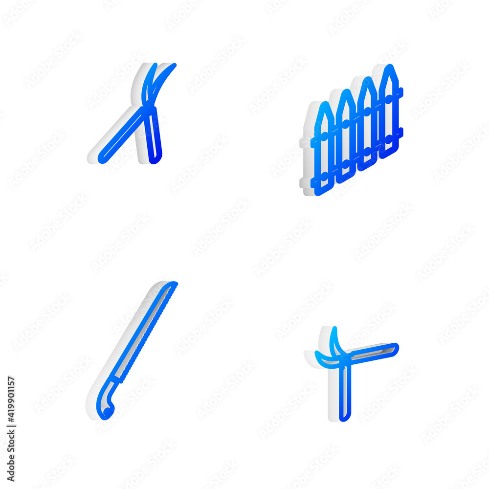 Set Isometric line Garden fence, Gardening handmade scissor, saw and icon. Vector Set Isometric line Garden fence, Gardening handmade scissor, saw and icon. Vector