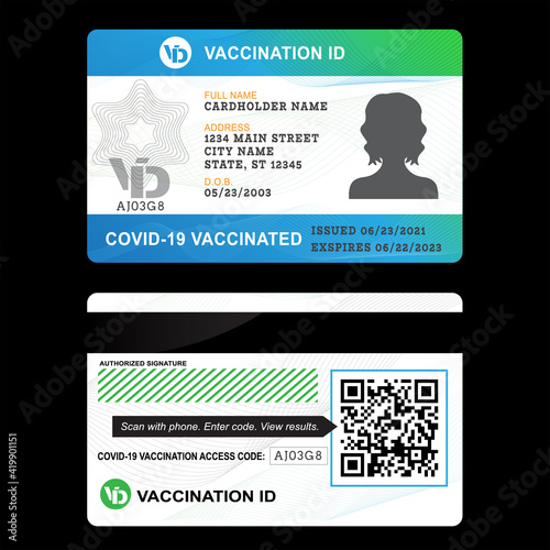Vaccination ID pass or card. COVID-19 and certificate concept with documentation as proof of getting vaccinated. Shield as vaccine symbol and being immune against coronavirus.