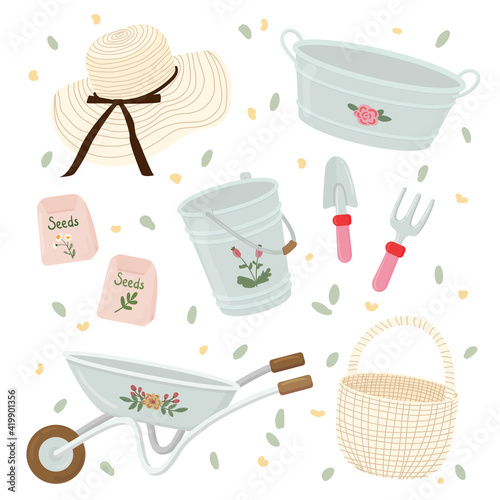 Set of tools and equipment for farm and gardening. Wheelbarrow, hat, bucket, basket, seeds, tub, shovel. For scrapbook, greeting card, invitation, poster, tag, sticker. Spring time vector illustration