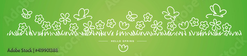 Hello Spring background, banner, pattern handwritten design with bees, butterflies and colorful spring flowers in grass green isolated