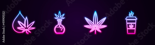 Set line Marijuana or cannabis leaf oil, Test tube with marijuana, and Cup coffee. Glowing neon icon. Vector