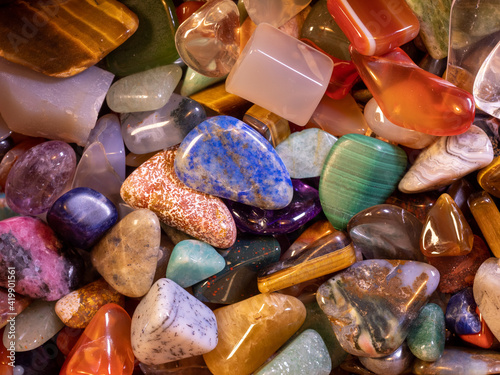 Gemstones minerals multiple colors topdown macro