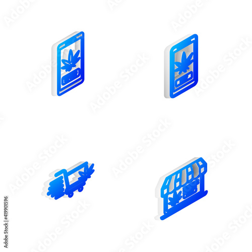 Set Isometric line Online buying marijuana, , Shopping cart with and icon. Vector