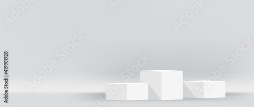 white pedestal stage for cosmetics make-up product showcase, modern podium 3 step for product display, podium pedestal three layer for advertising background, copy space, 3d illustration