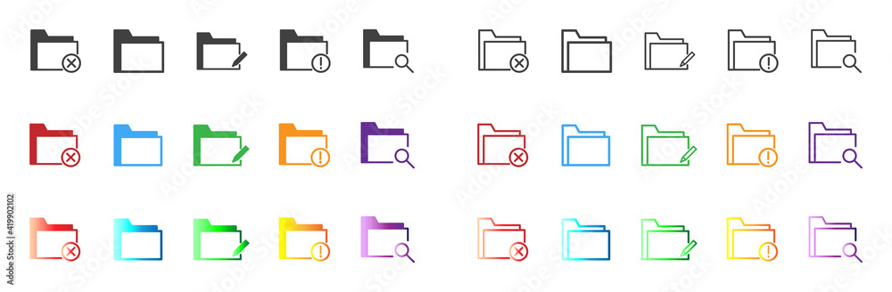 Folder icons set of flat and line type. Computer folder, folders sign. Grey, material color and gradient variety