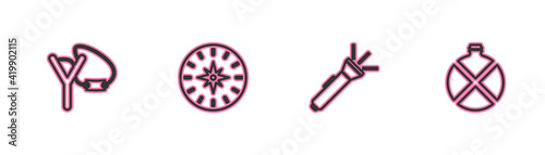 Set line Slingshot, Flashlight, Compass and Canteen water bottle icon. Vector