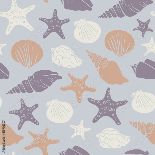 Vector seamless pattern with seashells and starfish on a neutral background. Design with starfish and shells.