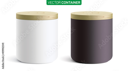 Modern style round ceramic containers, covered with a wooden lid. Vector illustration of white and black canisters for tea, coffee, sugar, flour, wheat, or cereal, standing on a white background.