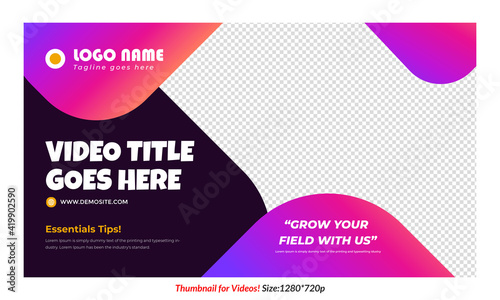 Editable Gradient video Thumbnail Design for any social media. Editable video thumbnail professional Vector, Customizable video cover design templates for all videso