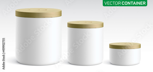 Vector set of different size round ceramic containers, covered with a wooden lid. White canisters for tea, coffee, sugar, flour, or different staff keeping, standing on a light gradient background.