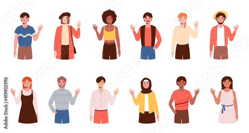 Large set of diverse people standing waving their hands