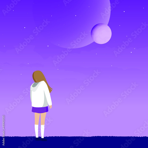 A girl in an white hoodie and skirt with loose hair stands on the grass and looks at a dark purple sky with planets and stars. Space landscape. Dark background. Vector illustration