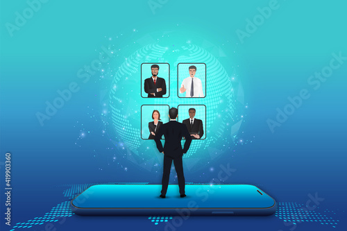 Illustrations design concept video conference by mobile. online meeting work form anywhere . Vector Illustration..