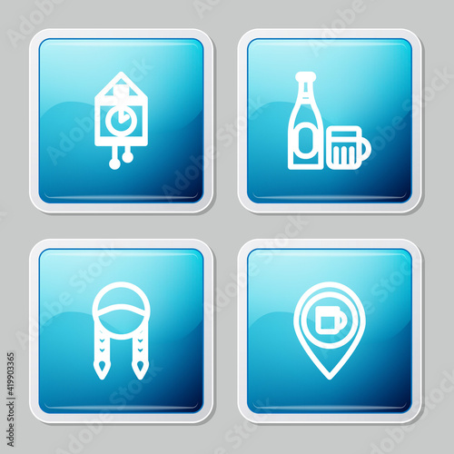 Set line Retro wall watch, Beer bottle and glass, Braid and Alcohol or beer bar location icon. Vector