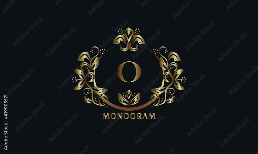 Fototapeta premium Exquisite bronze monogram on a dark background with the letter O. Stylish logo is identical for a restaurant, hotel, heraldry, jewelry, labels, invitations.